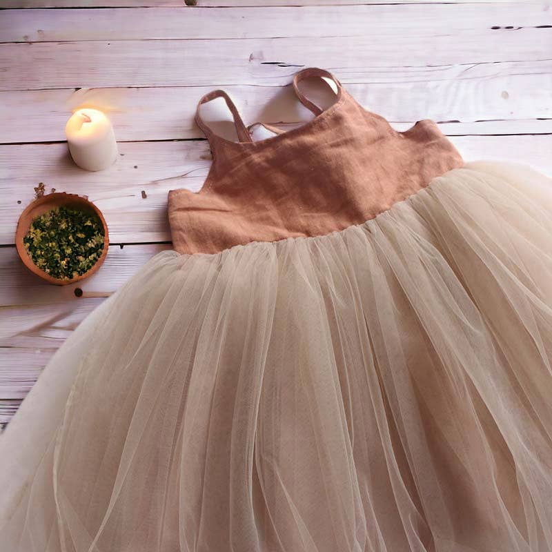 Annie & Charles® organic linen tulle dress: Apricot / 3-4Y